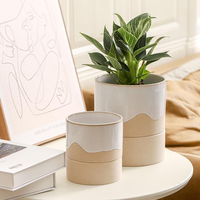 Nihow Self Watering Ceramic Planter, 4.5+6 Inch, White & Nature | Drainage Hole & Water Storage Plus, Cylinder Flower Pot, With Wick, For Indoor Plants & Herbs