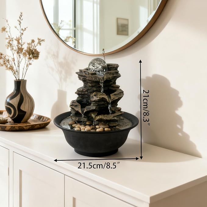 Tabletop Waterfall Fountain with Cascading Rock & Spining Orb, Indoor Zen Meditatin Waterfall for Home Office Relaxation