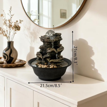 Tabletop Waterfall Fountain with Cascading Rock & Spining Orb, Indoor Zen Meditatin Waterfall for Home Office Relaxation