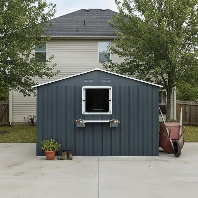 KEIKI 12x10 FT Outdoor Metal Storage Shed with 3 Clear Windows, Lockable Single Door Heavy Duty Steel Tool Shed Bike Storage Rainproof Rust Resistant Windproof for Backyard Patio, Coal Gray