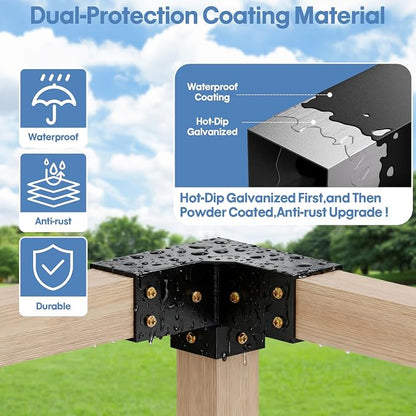 Heavy Duty Pergola Brackets Kit for 4"x 4" (Actual 3.5" X 3.5") Lumber | Anti-rust 3-Way Pergola Bracket with Black Powder Coated, Gazebo Hardware for Patio Backyard Outdoor