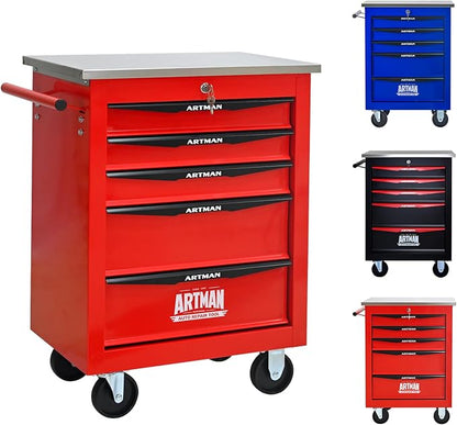 5-Drawer Rolling Tool Chest, Lockable Stainless Worktop for Garage, Red | Heavy Duty Metal Tool Cabinet with Drawers on Wheels for Warehouse and Workshop Storage