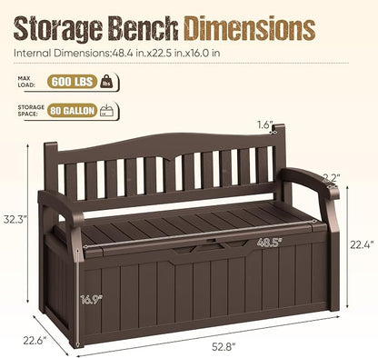 80-Gallon Outdoor Storage Bench, Waterproof Deck Box with Lockable Lid & Armrests for Patio, Garden, Pool, Brown