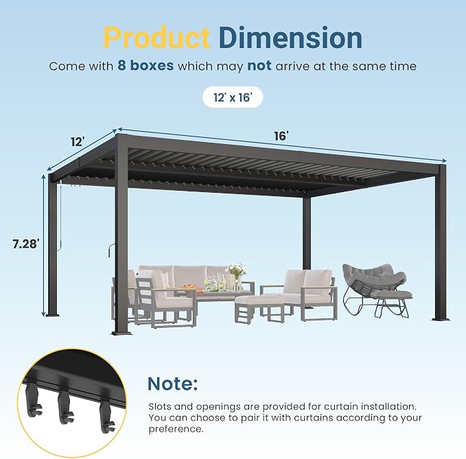 12' x 16' Louvered Pergola, Aluminum Frame Outdoor Pergola with Adjustable Louvered Roof & Integrated Gutter System, Hardtop Patio Gazebo for Backyard, Deck, Garden, Dark Gray