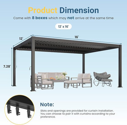 12' x 16' Louvered Pergola, Aluminum Frame Outdoor Pergola with Adjustable Louvered Roof & Integrated Gutter System, Hardtop Patio Gazebo for Backyard, Deck, Garden, Dark Gray