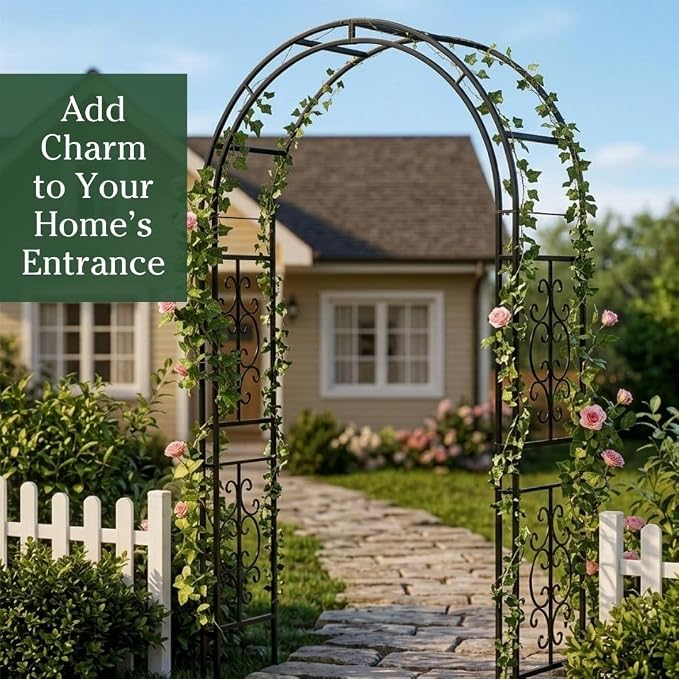 Plow & Hearth Arch Metal Outdoor Garden Arbor 7 Feet Tall Black Iron Trellis for Climbing Plants Outdoor, Wedding Party Arch, Outdoor Patio Decor