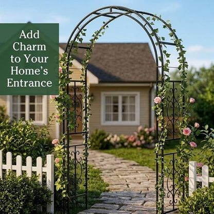 Plow & Hearth Arch Metal Outdoor Garden Arbor 7 Feet Tall Black Iron Trellis for Climbing Plants Outdoor, Wedding Party Arch, Outdoor Patio Decor