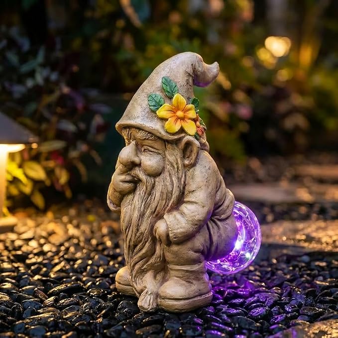 Funny Garden Gnomes Outdoor, Quirky Gnome Statue with Solar Powered for Yard Patio Lawn, Unique Gnomes Gift for Friends Garden Lovers