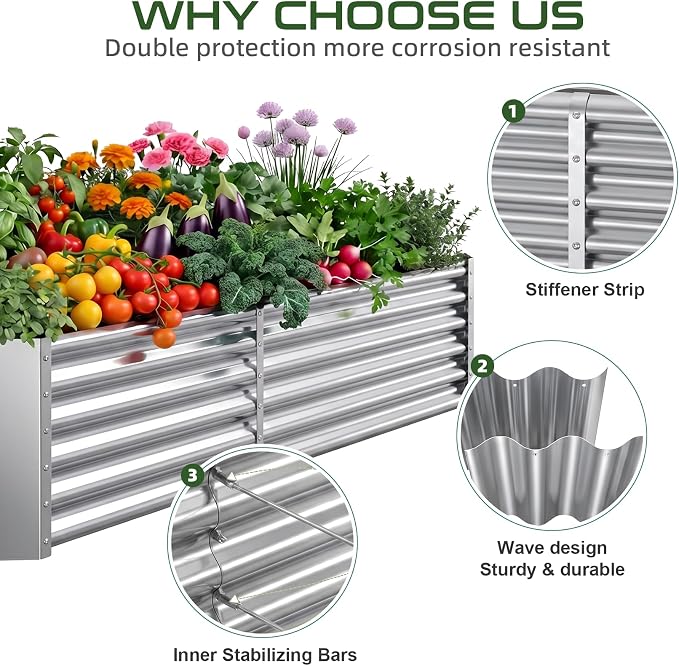 AHEONLAR 6x3x1.5ft Galvanized Raised Garden Bed Outdoor, Rectangle Metal Planter Box for Vegetables, Flowers, Herbs and Plants, Durable Garden Bed with Easy Assembly, Silver