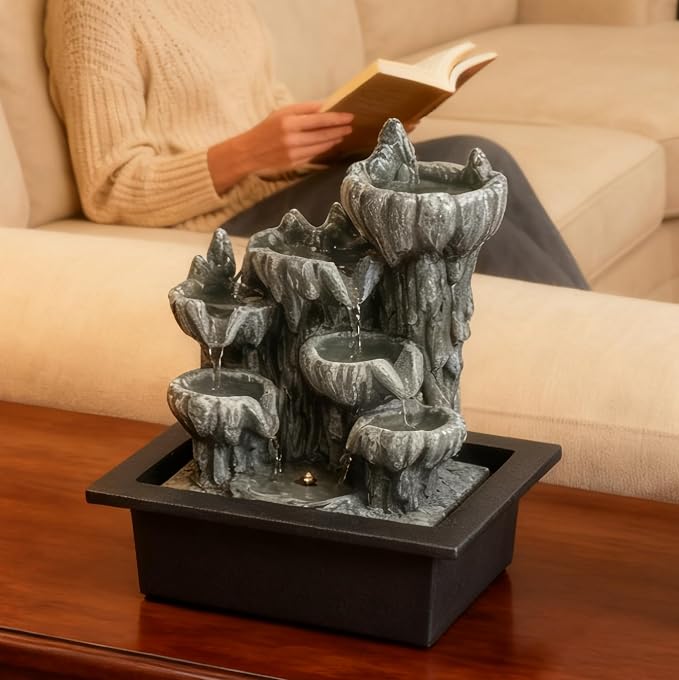 Indoor Cave Rock Waterfall Fountain with Warm Light,Tabletop Fountain with Planter Niche, Zen Water Feature for Home Office Desk Decor