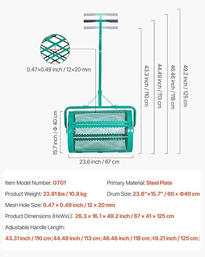 VEVOR Compost Spreader, 24 in Wide Peat Moss Spreader with Push/Tow Handle, 4 Heights Adjustable, Powder-Coated Steel Garden Peat Moss Roller, Heavy Duty Grass Seed Spreaders for Planting Seeding