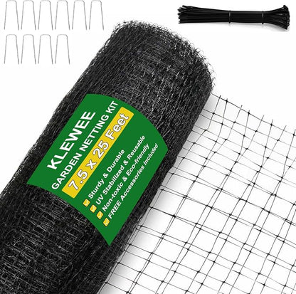 KLEWEE Bird Netting, 7.5 x 25 FT Heavy Plastic Duty Garden Netting to Protect Fruit Trees, Plants and Vegetables Against Birds, Deer, Squirrels and Other Animals