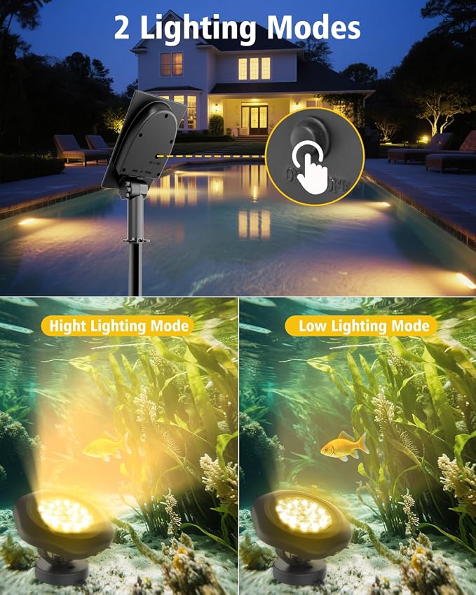 Solar Spot Lights Outdoor Waterproof IP68, 3000K Pond Lights | 3-in-1 LED Solar Landscape Lights, 2 Light Modes Path Lights for Underwater Pond Garden Yard Pathway