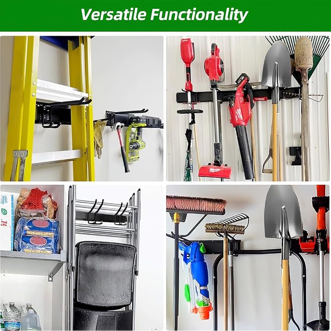 PIYILO Garage Tool Organizer Wall Mount with 48 inches Rails and 6 Double-layer Hooks, Garden Tool Rack Heavy Duty, Garage Hanging Storage Rack For Yard Tools, Shovel, Shed