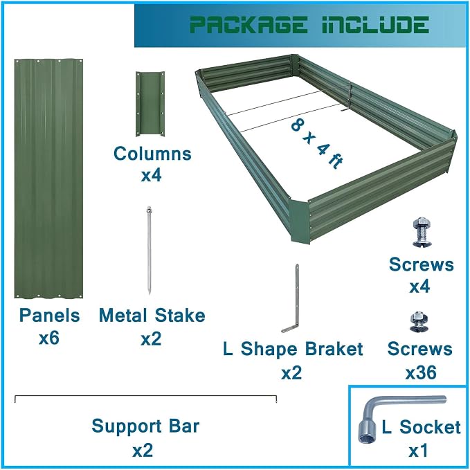 8x4x1ft Green Metal Raised Garden Bed Kit, Galvanized Outdoor Planter Box for Vegetables, Flowers, Herbs, and Succulents,240 Gallon Capacity