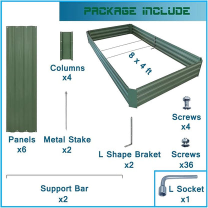 8x4x1ft Green Metal Raised Garden Bed Kit, Galvanized Outdoor Planter Box for Vegetables, Flowers, Herbs, and Succulents,240 Gallon Capacity