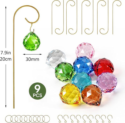 9PCS Colorful Crystal Ball Prisms with 7.5‘’ Small Gold Trellis for Plants | Mini Potted Plant Indoor Accessories,Sun Catchers,Metal Plant Stakes Suncatchers for Home Fairy Garden Decor,Whimsical Decor