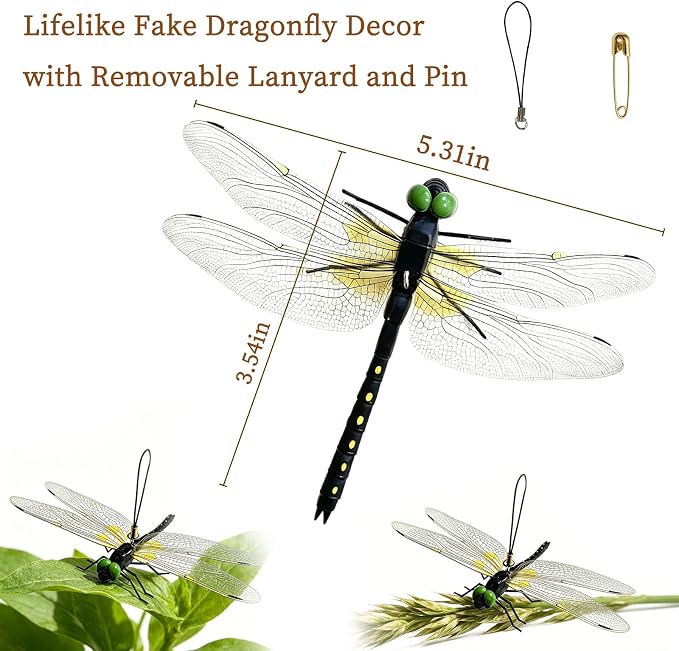 3D Artificial Dragonflies, 12Pcs Vivid Fake Dragonfly Decor Lifelike Dragonfly Clips with Removable Hanging Rope & Safety Pin PVC Dragonfly Ornament Indoor Outdoor Decor for Garden Patio Yard Home