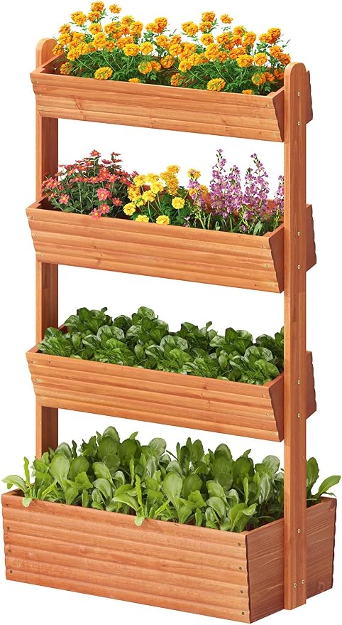 GHWIE Wooden Garden Planter Box, Raised Bed with Vertical Plant Rack, Indoor Outdoor Flower Herb Vegetable Stand (Reddish-Brown, 4 Tier)