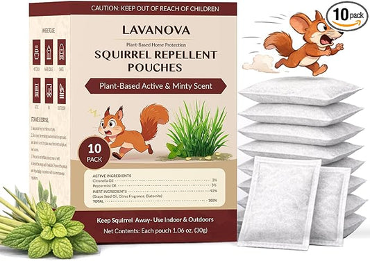 Squirrel Repellent Pouches 10 Pack, Natural Squirrel & Chipmunk Outdoor for Attic, Garden, Garage and Car Engine, Natural Squirrel Deterrent Keep Squirrels Out of Garden Yard Helps Repel Rodents