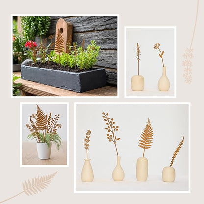 8-Piece Fern & Leaf Metal Garden Stakes | Flower Bed Accent, Pot and Patio Display, Rustic Metal Finish, Yard Art Style