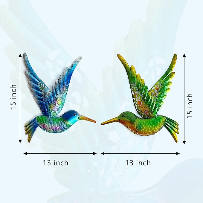 HONGLAND Metal Hummingbird Wall Art 12inch Metal Birds Wall Sculpture Garden Decoration Outdoor Statue Patio Fence Hanging Plaques 2 Pack（Blue-Green）