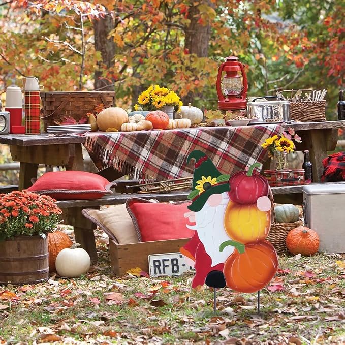 YEAHOME Fall Decorations Outdoor, Metal Gnome with Stacked Pumpkin Decorative Garden Stakes for Fall Decor, Autumn Yard Signs for Home Outside Garden Lawn Porch, Thanksgiving Decorations Outdoor
