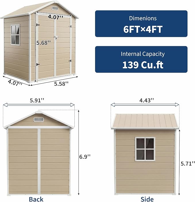 Garvee Plastic Outdoor Storage Shed with Floor, Resin Garden Shed | with Window & Sloping Roof & Lockable Door for Patio Backyard Garden, Lawn Mower, Bike, Tool Storage (Light Brown, 6' x 4')