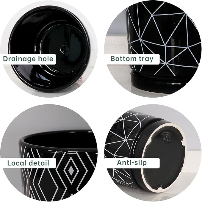 Ton Sin Flower Pots, 5.5 Inch Black Ceramic Planter Pot with Drainage Hole, Indoor Cylinder Plant Pots with Saucer, Cactus Succulent Pots Outdoor Garden Pots Set of 4