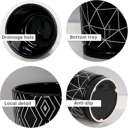 Ton Sin Flower Pots, 5.5 Inch Black Ceramic Planter Pot with Drainage Hole, Indoor Cylinder Plant Pots with Saucer, Cactus Succulent Pots Outdoor Garden Pots Set of 4