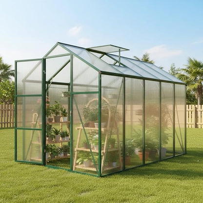 6x10 FT Greenhouse, Walk-in Heavy Duty Polycarbonate Outdoor Greenhouses with Raised Base & Anchor, Height-Enhanced Aluminum Frame, & Drainage System for Backyard All Season Growing, Green