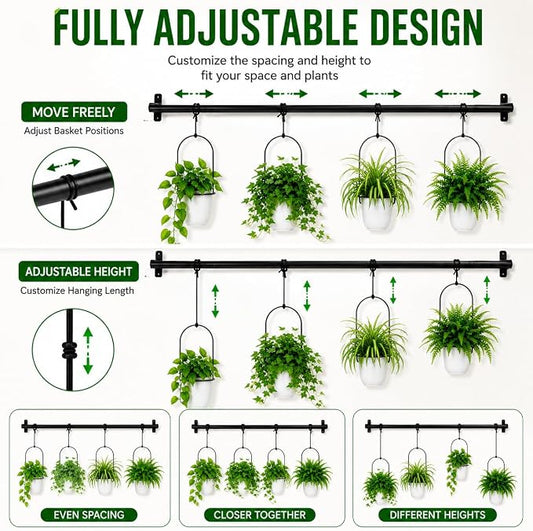 Adjustable Hanging Window Planter with 4 Pots, Space Saving Indoor Herb Garden Plant Hanger, Metal Vertical Plant Rack for Kitchen, Balcony & Home Deco41in-4 Flower pots