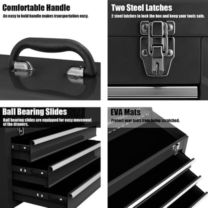 Goplus Tool Box with 3 Drawers, 4-Tier 20.5" Portable Tool Chest Organizer with Top Tool Tray, Auto Lock, Protective Liner, Handle, Steel Metal Small Toolbox for Gargae, Workshop, Home
