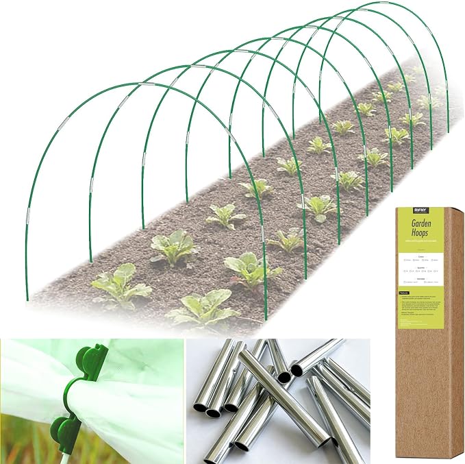 RIFNY 48 PCS Garden Hoops for Raised Beds, Greenhouse Hoops Kit Long Grow Tunnel for Row Cover, Rust-Free Fiberglass Garden Support Poles for Insect Mesh Netting Freeze Plant Cover (Green)