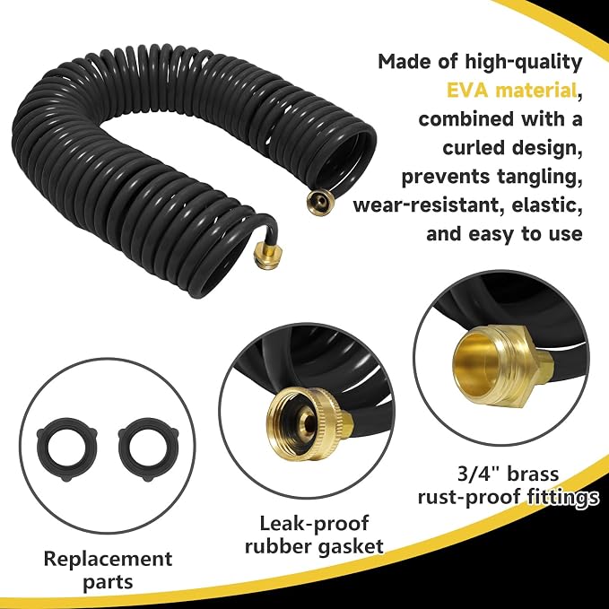 Coil Hose,3/8" EVA Coil Garden Hose 50 FT,Curly Water Hose Lightweight with Brass Connectors,Recoil Garden Hose Includes 8-Pattern Spray Nozzle for Boat, Yard, Patio, Green