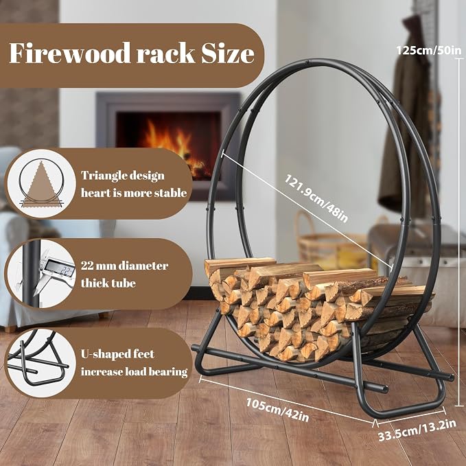 48 IN Firewood Circle Rack-Metal Pipe Ring Firewood Holder Outdoor / Indoor | Sturdy & Durable,Aesthetic Appearance and Space-Saving Design for Fireplace,Campfire or Backyard Storage,4 FT Diameter Circle
