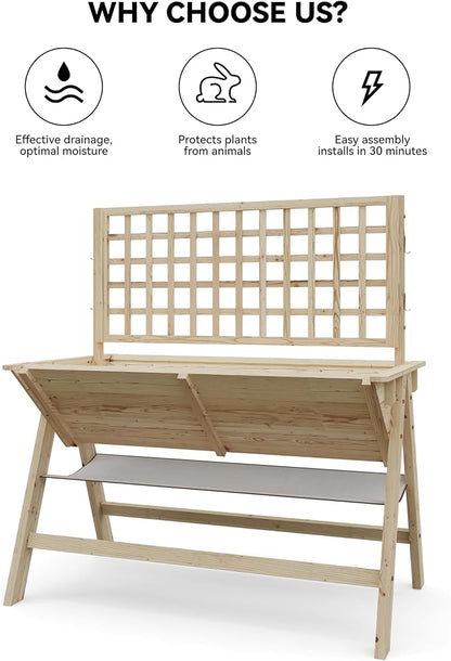GarveeHome 52x30x54 in Raised Garden Bed with Legs, Elevated Wooden Raised Planter Box with Vine Climbing Trellis Outdoor Standing Growing Bed for Growing Vegetables Flowers Herbs