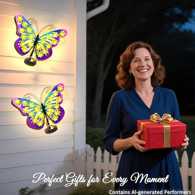 Solar Lights Outdoor Metal Butterfly Wall Decor with 30 Led-13.5" Outdoor Fence Wall Art Decor, Gifts for Women Mom Grandma Birthday,Hanging Decoration for Garden Patio Porch Yard,Xmas gifts for women