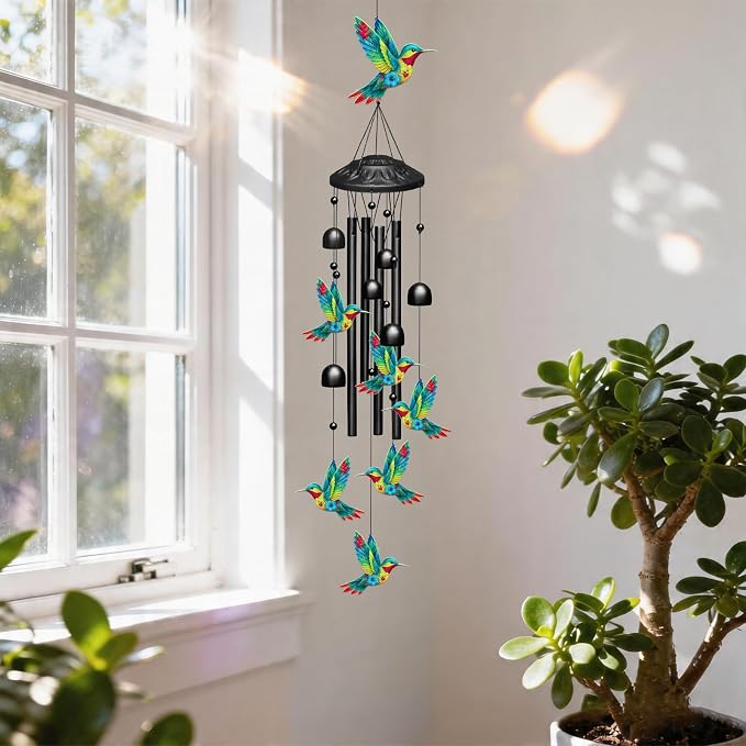 Hummingbird Wind Chime for Outside, Black Metal 38'' Wind Chimes with 4 Aluminum Tubes & 6 Wind Bell for Garden/Yard/Patio Outdoor Decor, Memorial/Housewarming/Birthday/Festival/Woman Gifts