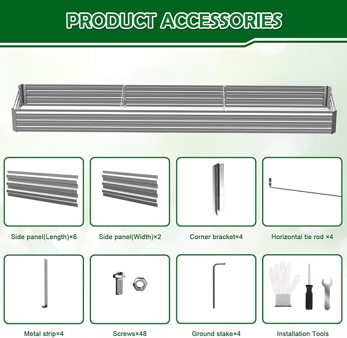 10x2x1FT Galvanized Raised Garden Bed, Metal Planter,Silver,1 Pack | Thick Galvanized Steel, Easy Assembly,Outdoor Patio,Open Bottom,Smooth Surface,Planter Kit for Vegetables, Herbs, Flowers