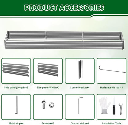 10x2x1FT Galvanized Raised Garden Bed, Metal Planter,Silver,1 Pack | Thick Galvanized Steel, Easy Assembly,Outdoor Patio,Open Bottom,Smooth Surface,Planter Kit for Vegetables, Herbs, Flowers