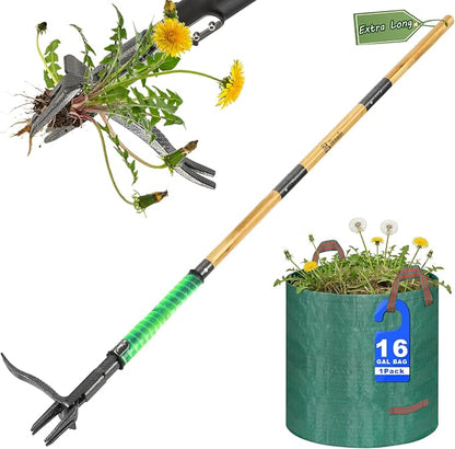 57.5" Weed Puller Tool for Lawn Yard, Dual-Eject Mechanism with Bag | 4-Claw Steel Head,Adjustable 57.5" Bamboo Long Handle,Supports a weight of 265 lbs,Includes 16 Gallon Leaf Bag