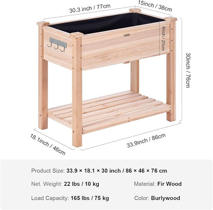 VEVOR Raised Garden Bed 34x18x30in with Sturdy Legs, High End Natural Fir Wood Planter Box Elevated Planting Stand for Backyard/Garden/Patio/Balcony w/Non -Woven Liner & 1 Set of Tool, 165lb Capacity