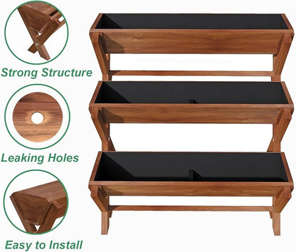 3 Tier Vertical Garden Planter,Raised Garden Bed,Planter Box,Fir Wood Freestanding Elevated Herb Stand Tower,Flower Strawberry Vegetable with Drain Holes,35x22x36 Inches, for Outdoor,Brown