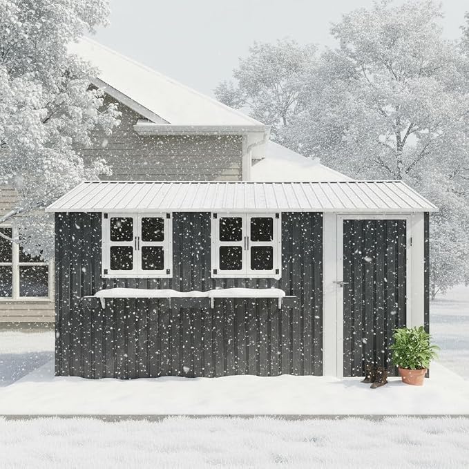 12x10 FT Outdoor Storage Shed,Tool Shed with 3 Openable Windows,Metal Building Backyard Shed w/Windowsill & Decorative Flower Rack,Lockable Single Door,Heavy Duty Waterproof,for Patio,Coal Gray