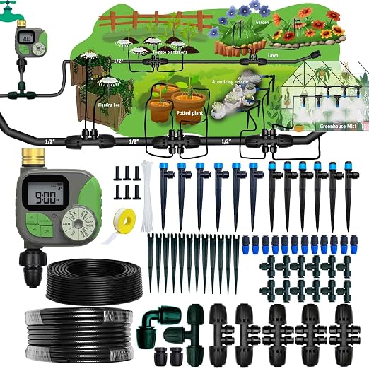 Drip Irrigation System with Water Timer for Garden,Main ID 1/2inch 16.5Ft And 1/4inch 96Ft Water Hose, Automatic Watering System Sufficient Water Pressure, Irrigation Dripper Waterflow Evenly Easy DIY