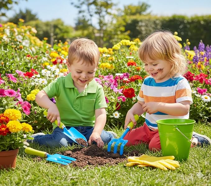 JustForKids Kids Garden Tool Set, 2 Pack STEM Educational Gardening Kit with Wooden-Handle Metal Pails, Plastic-Handle Shovel, Rake & Cultivator, Outdoor Toys & Gift for Toddlers Boys Girls Ages 3-8