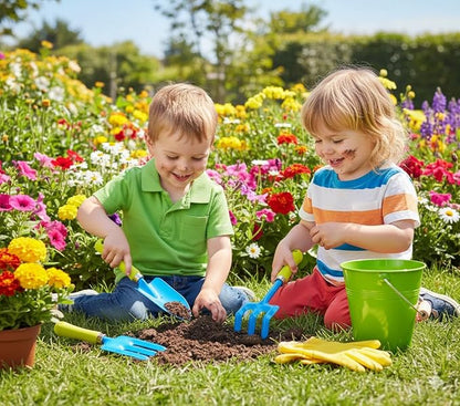 JustForKids Kids Garden Tool Set, 2 Pack STEM Educational Gardening Kit with Wooden-Handle Metal Pails, Plastic-Handle Shovel, Rake & Cultivator, Outdoor Toys & Gift for Toddlers Boys Girls Ages 3-8