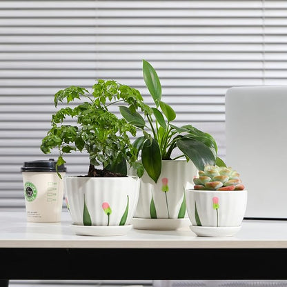STHIE Ceramic Plant Pots with Drainage Holes and Saucers, Round White Flower Pots for Indoor Plant, Diameter 3.3/4.3/5.5 Inches Small Flower Planters Set of 3