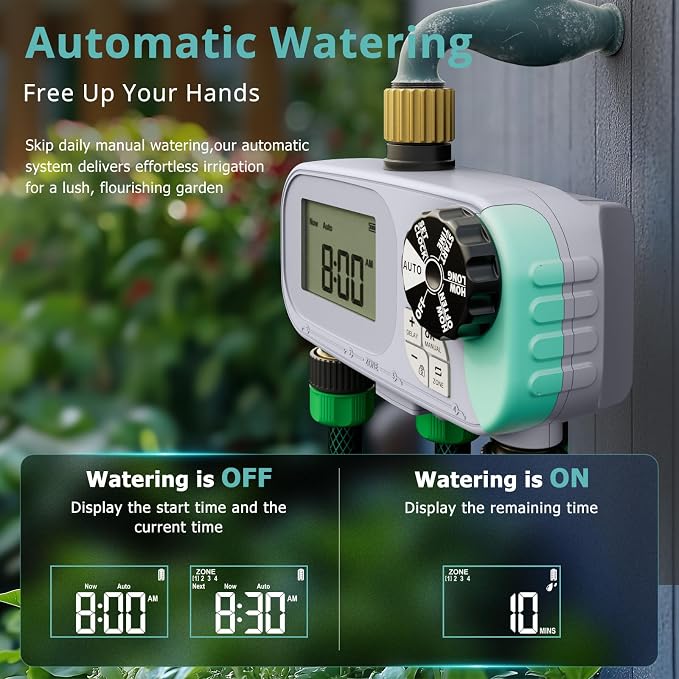 QUOBAS Sprinkler Timer for Garden Hose with Child Lock, Programmable Brass Digital Water Timer 4 Zone for Drip Irrigation, Pool, with Rain Delay/Auto/Manual, Waterproof Screen & Battery Powered